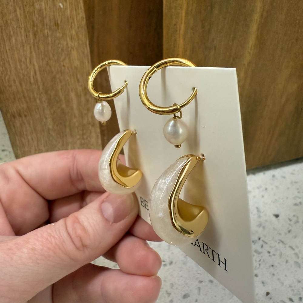18k gold plated freshwater pearl hoops and white swirl enamel hoops